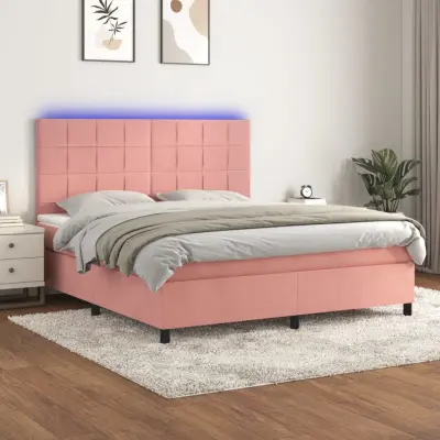 The Living Store Box spring postelja z vzmetnico LED roza 160x200 cm žamet - Box Spring Postelja