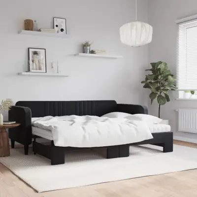 The Living Store Izvlečna dnevna postelja z vzmetnicami črna 80x200 cm žamet - Izvlečna Dnevna Postelja
