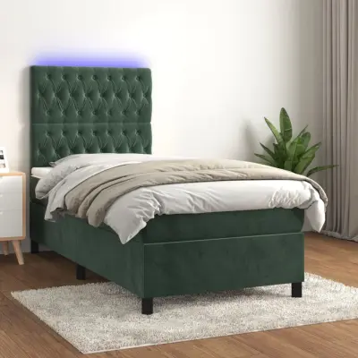 The Living Store Box spring postelja z vzmetnico LED tem. zelena 80x200 cm žamet - Box Spring Postelja
