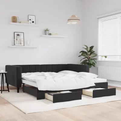 The Living Store Izvlečna dnevna postelja s predali črna 100x200 cm žamet - Izvlečna Dnevna Postelja