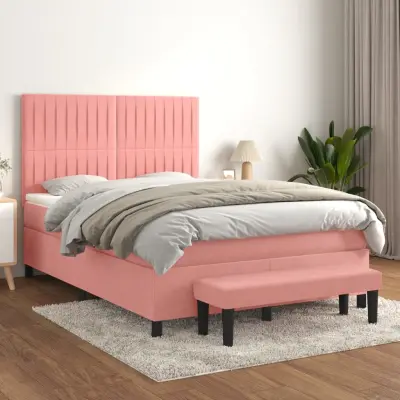 The Living Store Box spring postelja z vzmetnico roza 140x190 cm žamet - Box Spring Postelja