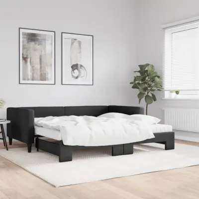 The Living Store Izvlečna dnevna postelja z vzmetnicami črna 100x200 cm blago - Izvlečna Dnevna Postelja