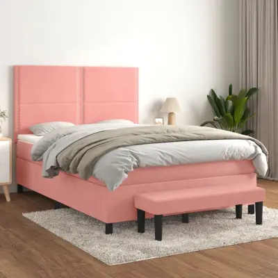The Living Store Box spring postelja z vzmetnico roza 140x190 cm žamet - Box Spring Postelja