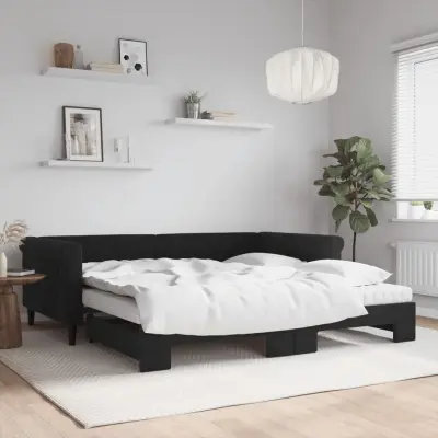 The Living Store Izvlečna dnevna postelja z vzmetnicami črna 100x200 cm žamet - Izvlečna Dnevna Postelja
