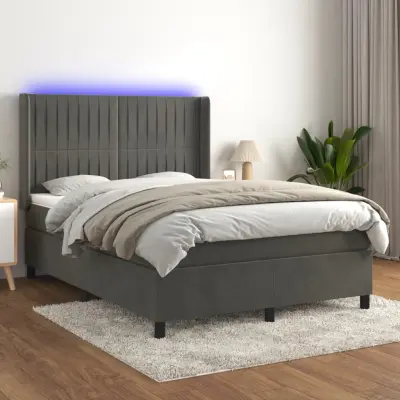 The Living Store Box spring postelja z vzmetnico LED temno siva 140x200 cm žamet - Box Spring Postelja