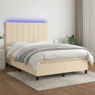 The Living Store Box spring postelja z vzmetnico LED krem 140x190 cm blago - Box Spring Postelja