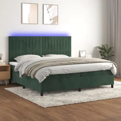 The Living Store Box spring postelja z vzmetnico LED tem. zelena 200x200cm žamet - Box Spring Postelja