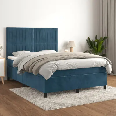 The Living Store Box spring postelja z vzmetnico temno modra 140x200 cm žamet - Box Spring Postelja