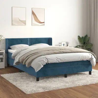 The Living Store Box spring postelja z vzmetnico temno modra 140x190cm žamet - Box Spring Postelja