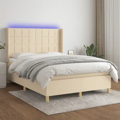 The Living Store Box spring postelja z vzmetnico LED krem 140x190 cm blago - Box Spring Postelja