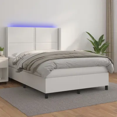 The Living Store Box spring postelja z vzmetnico LED bela 140x190cm umetno usnje - Box Spring Postelja
