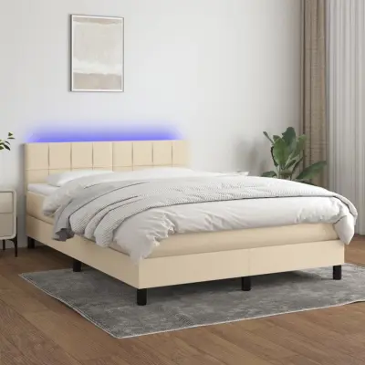 The Living Store Box spring postelja z vzmetnico LED krem 140x190 cm blago - Box Spring Postelja