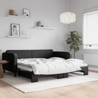 The Living Store Izvlečna dnevna postelja črna 100x200 cm blago - Izvlečna Dnevna Postelja