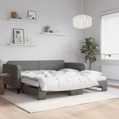 The Living Store Izvlečna dnevna postelja z vzmetnicami siva 100x200 cm blago - Izvlečna Dnevna Postelja