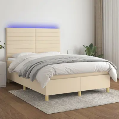 The Living Store Box spring postelja z vzmetnico LED krem 140x190 cm blago - Box Spring Postelja