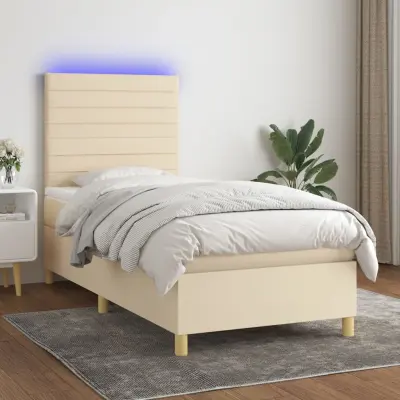 The Living Store Box spring postelja z vzmetnico LED krem 100x200 cm blago - Box Spring Postelja