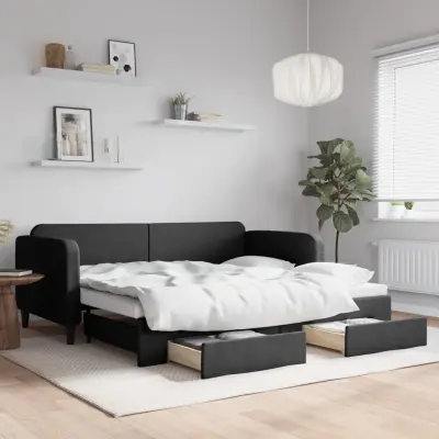 The Living Store Izvlečna dnevna postelja s predali črna 90x200 cm blago - Izvlečna Dnevna Postelja