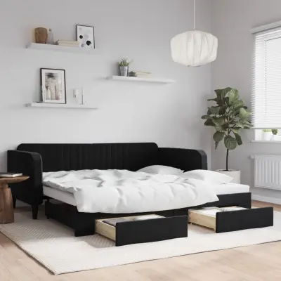 The Living Store Izvlečna dnevna postelja s predali črna 100x200 cm žamet - Izvlečna Dnevna Postelja
