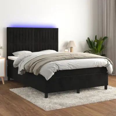 The Living Store Box spring postelja z vzmetnico LED črna 140x200 cm žamet - Box Spring Postelja