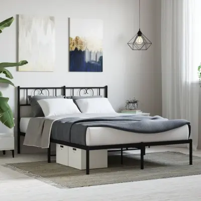 The Living Store Kovinski posteljni okvir z vzglavjem črn 120x190 cm - Posteljni Okvir