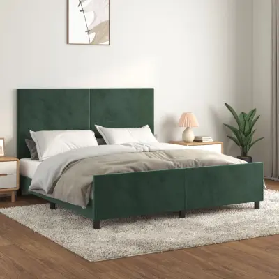 The Living Store Posteljni okvir z vzglavjem temno zelen 160x200 cm žamet - Posteljni Okvir Z Vzglavjem