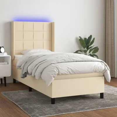The Living Store Box spring postelja z vzmetnico LED krem 90x190 cm blago - Box Spring Postelja