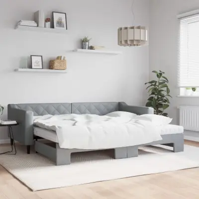 The Living Store Izvlečna dnevna postelja z vzmetnicami sv. siva 90x200 cm blago - Izvlečna Dnevna Postelja
