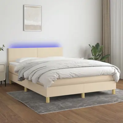 The Living Store Box spring postelja z vzmetnico LED krem 140x190 cm blago - Box Spring Postelja