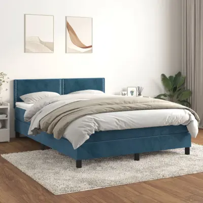 The Living Store Box spring postelja z vzmetnico temno modra 140x190cm žamet - Box Spring Postelja