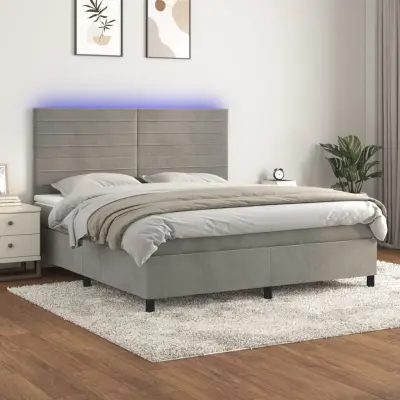 The Living Store Box spring postelja z vzmetnico LED svetlo siva 180x200cm žamet - Box Spring Postelja