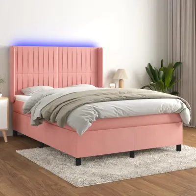 The Living Store Box spring postelja z vzmetnico LED roza 80x200 cm žamet - Box Spring Postelja
