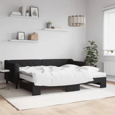 The Living Store Izvlečna dnevna postelja z vzmetnicami črna 90x200 cm blago - Izvlečna Dnevna Postelja