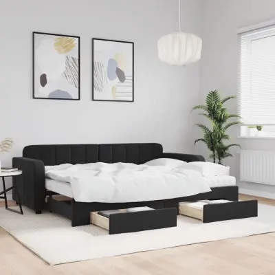 The Living Store Izvlečna dnevna postelja s predali črna 80x200 cm žamet - Izvlečna Dnevna Postelja