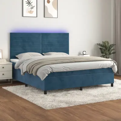 The Living Store Box spring postelja z vzmetnico LED temno modra 160x200cm žamet - Box Spring Postelja