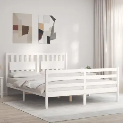 The Living Store Posteljni okvir z vzglavjem bel trden les - Posteljni Okvir