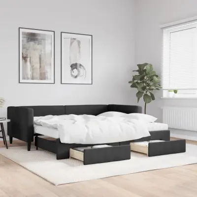 The Living Store Izvlečna dnevna postelja s predali črna 90x200 cm blago - Izvlečna Dnevna Postelja