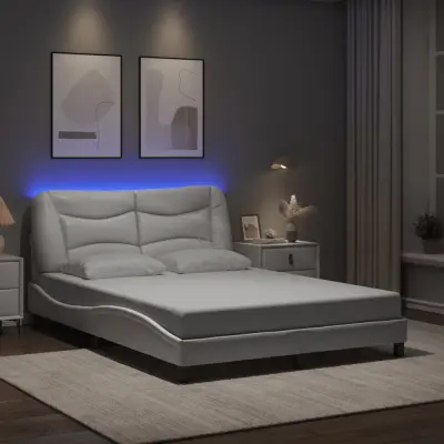 The Living Store Posteljni okvir z LED lučkami bel 120x200 cm umetno usnje - Posteljni Okvir