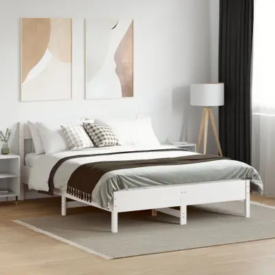 The Living Store Posteljni okvir brez vzmetnice bel 160x200 cm trdna borovina - Posteljni Okvir