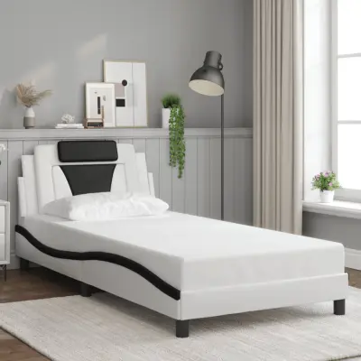 The Living Store Posteljni okvir z vzglavjem bel in črn 100x200 cm umetno usnje - Posteljni Okvir