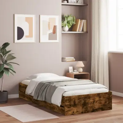 The Living Store Posteljni okvir s predali dimljen hrast 75x190 cm inž. les - Posteljni Okvir