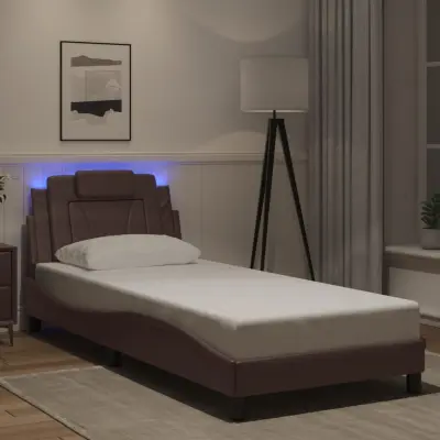 The Living Store Posteljni okvir z LED lučkami rjav 90x200 cm umetno usnje - Posteljni Okvir