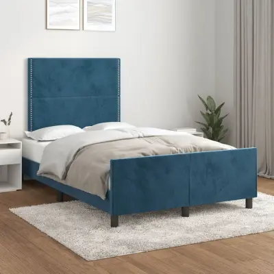 The Living Store Posteljni okvir z vzglavjem temno moder 120x190 cm žamet - Posteljni Okvir Z Vzglavjem
