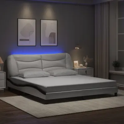 The Living Store Posteljni okvir z LED lučkami belo črn 180x200 cm umetno usnje - Posteljni Okvir