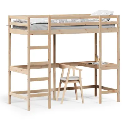 The Living Store Posteljni okvir z mizo 75x190 cm trdna borovina - Visoka Postelja