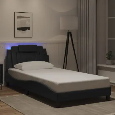 The Living Store Posteljni okvir z LED lučkami črn 100x200 cm umetno usnje - Posteljni Okvir