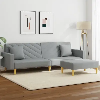 The Living Store Kavč dvosed z blazinami in stolčkom za noge svetlo sivo blago - Kavč Z Ležiščem