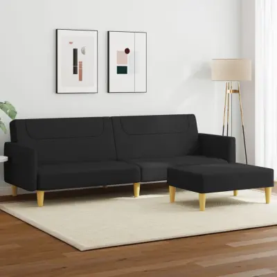 The Living Store Kavč dvosed z ležiščem in stolčkom za noge črno blago - Kavč Z Ležiščem
