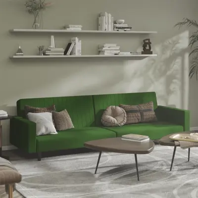 The Living Store Kavč dvosed z ležiščem temno zelen žamet - Raztegljiv Kavč