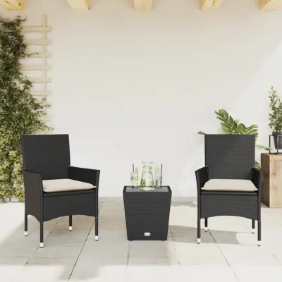 The Living Store Bistro garnitura 3-delna z blazinami črn poli ratan in steklo - Bistro Garnitura