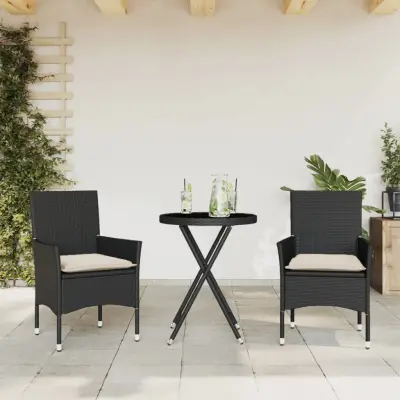 The Living Store Bistro garnitura 3-delna z blazinami črn poli ratan in steklo - Bistro Garnitura